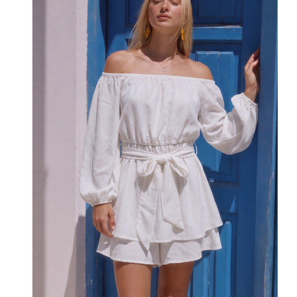 Express‎ Conscious Edit White Off The Shoulder Balloon Sleeve Ruffle Romper S